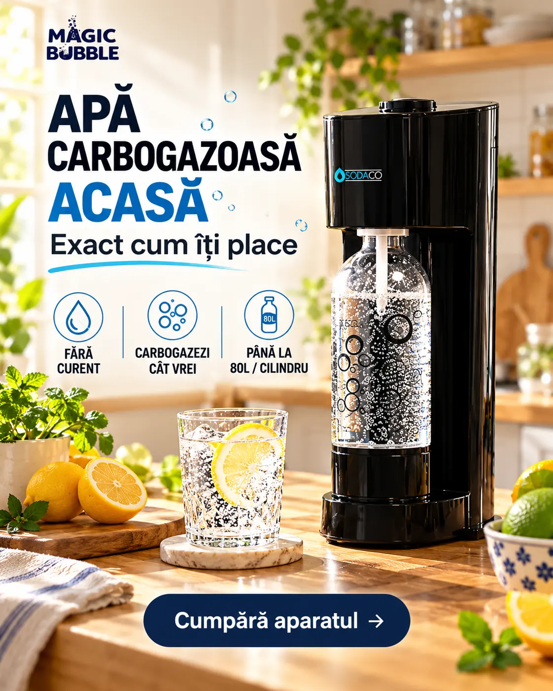 Apă carbogazoasă acasă cu aparatul Sodaco – fără curent, carbogazezi cât vrei, până la 80L pe cilindru